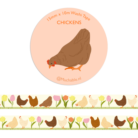 Washitape / papier tape - illustratie kippen patroon met tulpen