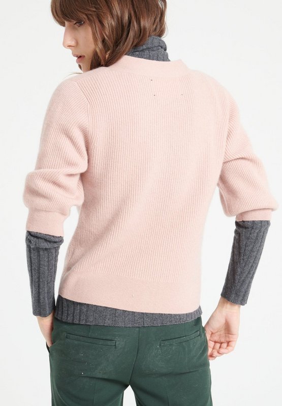 MIA 13 V-hals kortærmet cashmere cardigan med ribstrikket pudderrosa