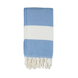 A soft, lightweight blue and white striped towel made of high-quality cotton material, suitable for use in the bathroom or as a beach towel.