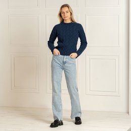 Damski sweter warkoczowy, wykonany w 100% z merynosów, Praga, ciemnoniebieski