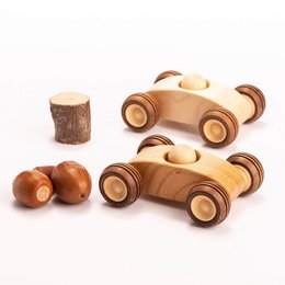 Wooden F1 Bolide Car, a kids toy made of cherry or maple wood, featuring a classic race car design with a rounded shape and wooden wheels.