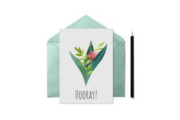 Colorful floral greeting card with the text "Hooray!" and a vibrant bouquet of leaves and flowers.
