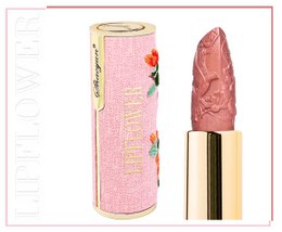  Floral lipstick in pink and gold packaging with tulip design. Vegan and titanium dioxide-free lip makeup product.