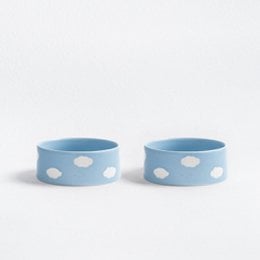 Two light blue pet bowls with white polka dots, suitable for dry pet food or water. Circular shape, approximately 14cm in diameter.
