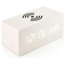 Despertador de madera con carga inalámbrica Blanco