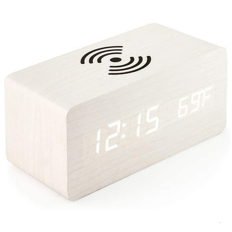 Despertador de madera con carga inalámbrica Blanco