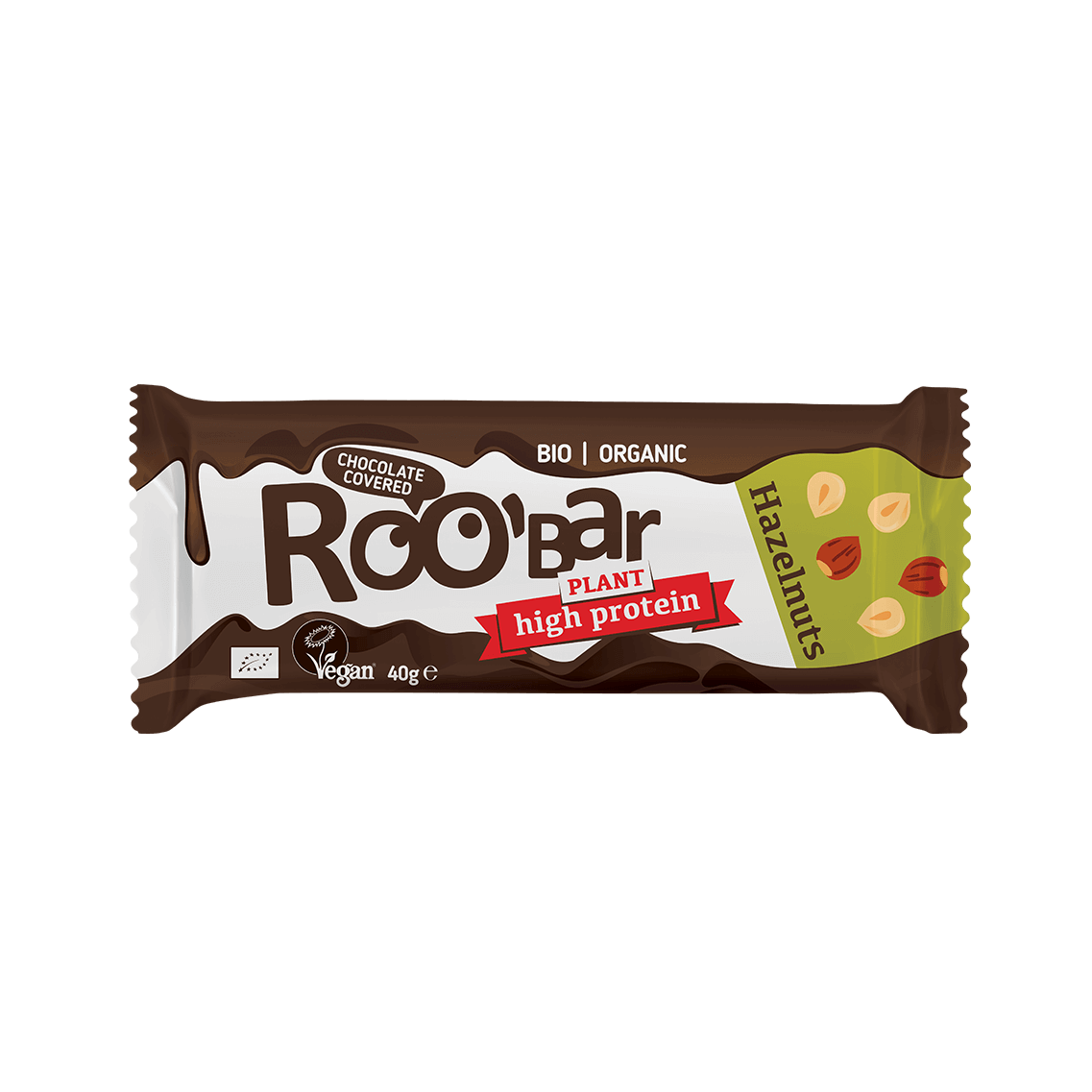 Hazelnut Protein Bar Covered With Chocolate, organic, Roobar, 40g