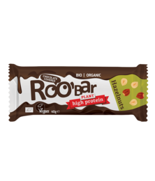 Hazelnut protein bar covered in chocolate, organic, from Roobar brand, 40g.