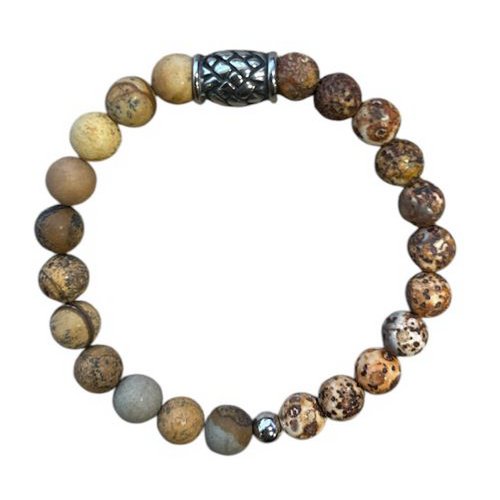 Men's bracelet Tree bark Agate and yellow Jasper 8 mm with braid bead