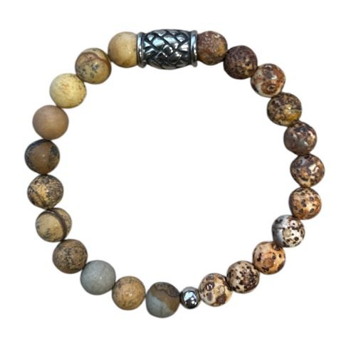 Men's bracelet Tree bark Agate and yellow Jasper 8 mm with braid bead