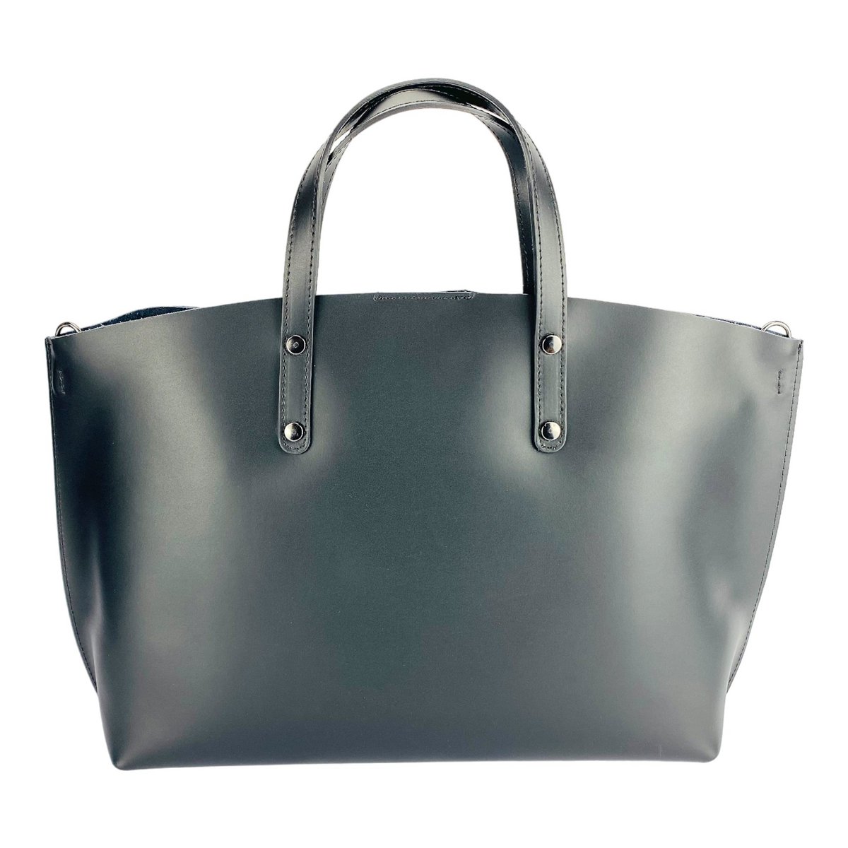 RB1024A | Damehåndtaske i ægte læder Fremstillet i Italien med aftagelig skulderrem. Stor indvendig aftagelig taske. Poleret gunmetal tilbehør - Sort farve - Mål: 48x31x11 cm