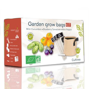 CULTIVEA® Grow Bag Kit – Klaar om te groeien – 100% ecologische en biologische Franse zaden – Moestuin (komkommer, tomaat, paprika) – Cadeau-idee