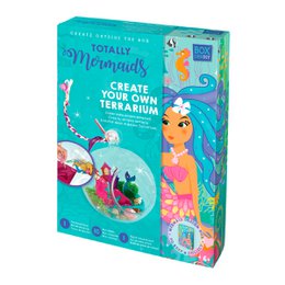 Colorful terrarium art set with mermaid theme. Includes materials to create your own miniature mermaid terrarium with decorative elements.