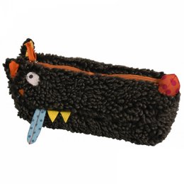 Plush black and orange monster-shaped pencil case with button eyes and teeth. Suitable for children's school supplies.