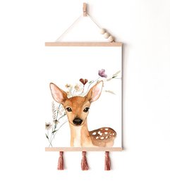 Deer poster, deer print, cute deer print, woodland animals nursery print, floral nursery print, wildflowers print, girls nursery poster, girls room poster