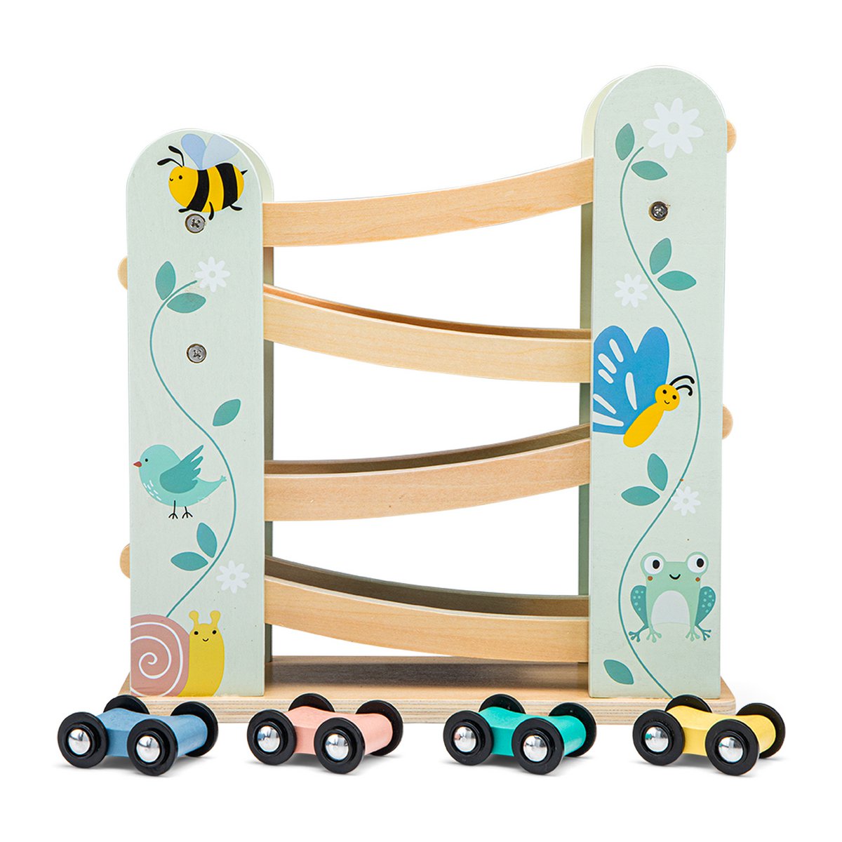 Houten autobaan met 4 auto's
