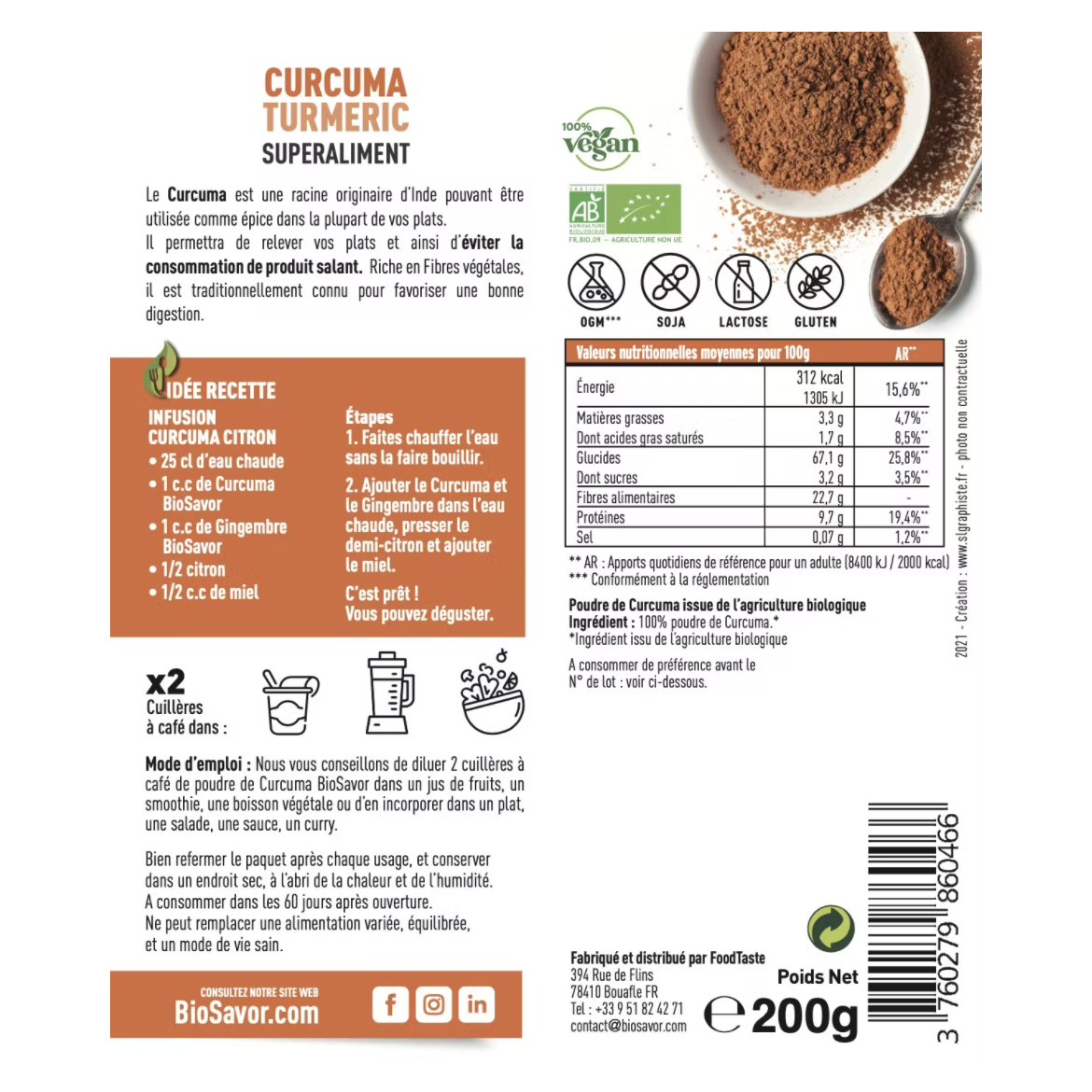 CURCUMA EN POUDRE - 200G - COMPLÉMENT ALIMENTAIRE
