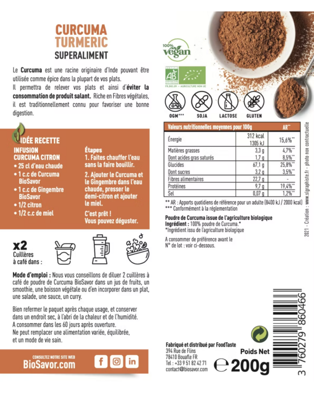CURCUMA EN POUDRE - 200G - COMPLÉMENT ALIMENTAIRE