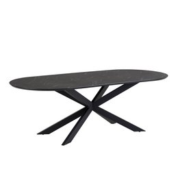 Black marble capsule oval dining table, modern X-leg base, 230x100cm, sleek contemporary design.