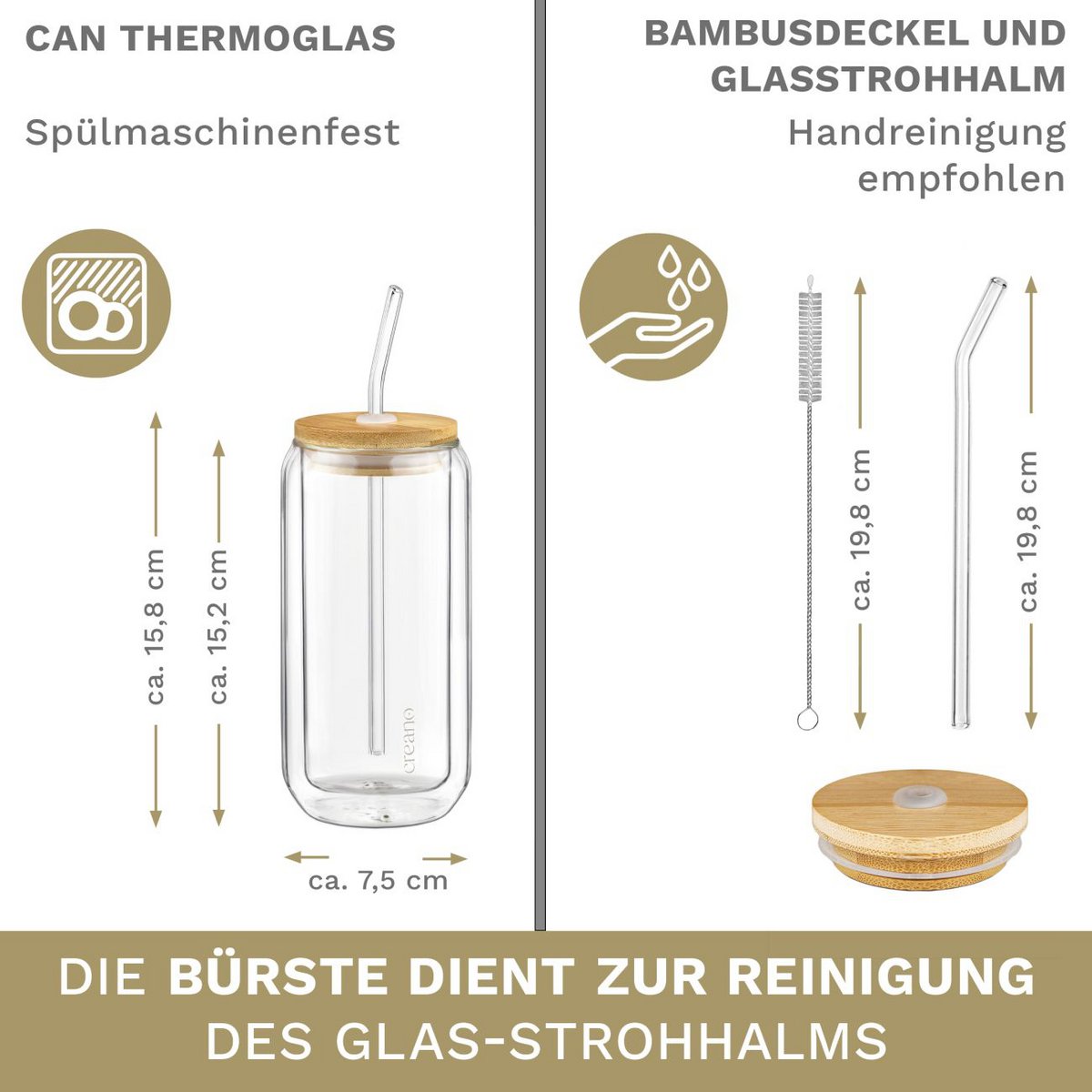 Creano Trinkglas 360ml Deckel Strohhalm 4er-Set