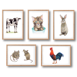 5 Dierenposters boerderijdieren - A4 - babykamer kinderkamer - kraamcadeau - wanddecoratie - handgeschilderd door Mies met aquarel