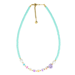  Mint-colored beaded necklace with colorful accents, perfect for summer accessorizing.