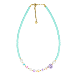 Mint-colored beaded necklace with colorful accents, perfect for summer accessorizing.