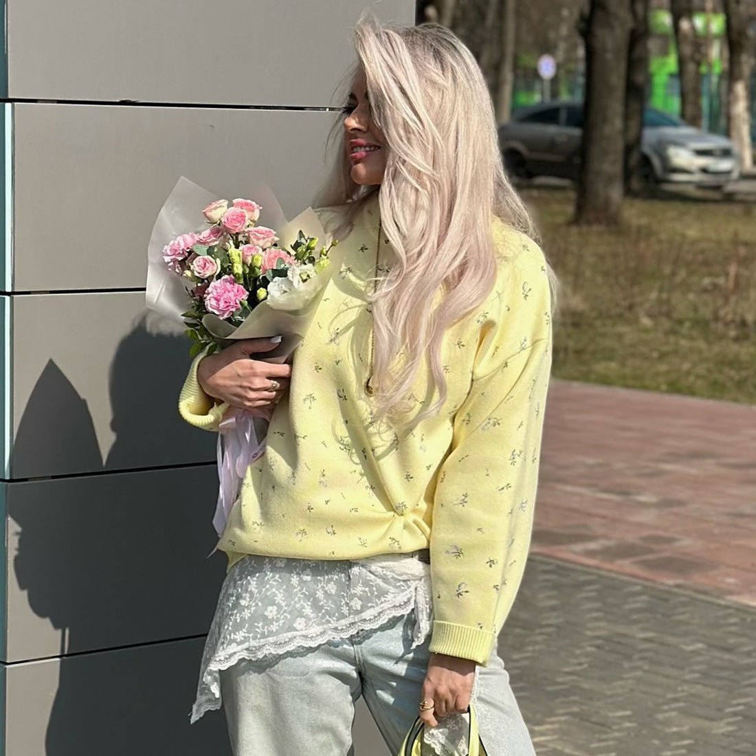 Kvinders europæisk og amerikansk stil Chic blomsterprint sweater med rund hals