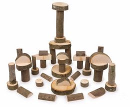 A 50-piece set of natural wooden building blocks in various shapes and sizes, suitable for educational and creative play.
