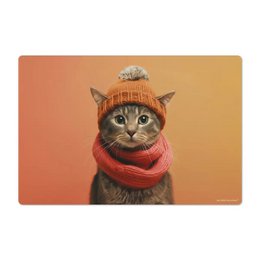  Desk mat featuring a cat wearing a knit hat and scarf against an orange background.