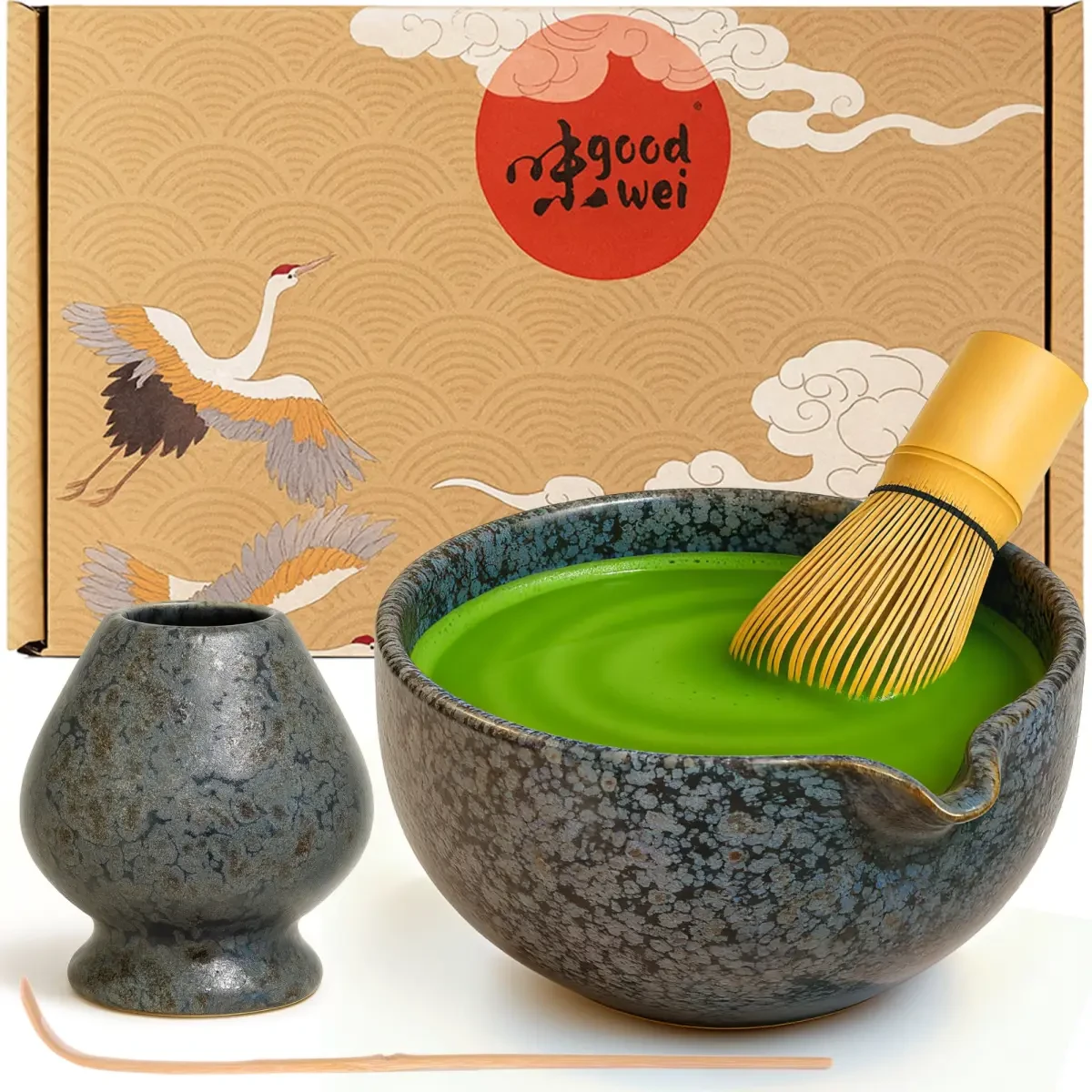Matcha Latte Set 4 pièces. - Bol verseur, fouet à matcha des années 80, support et cuillère