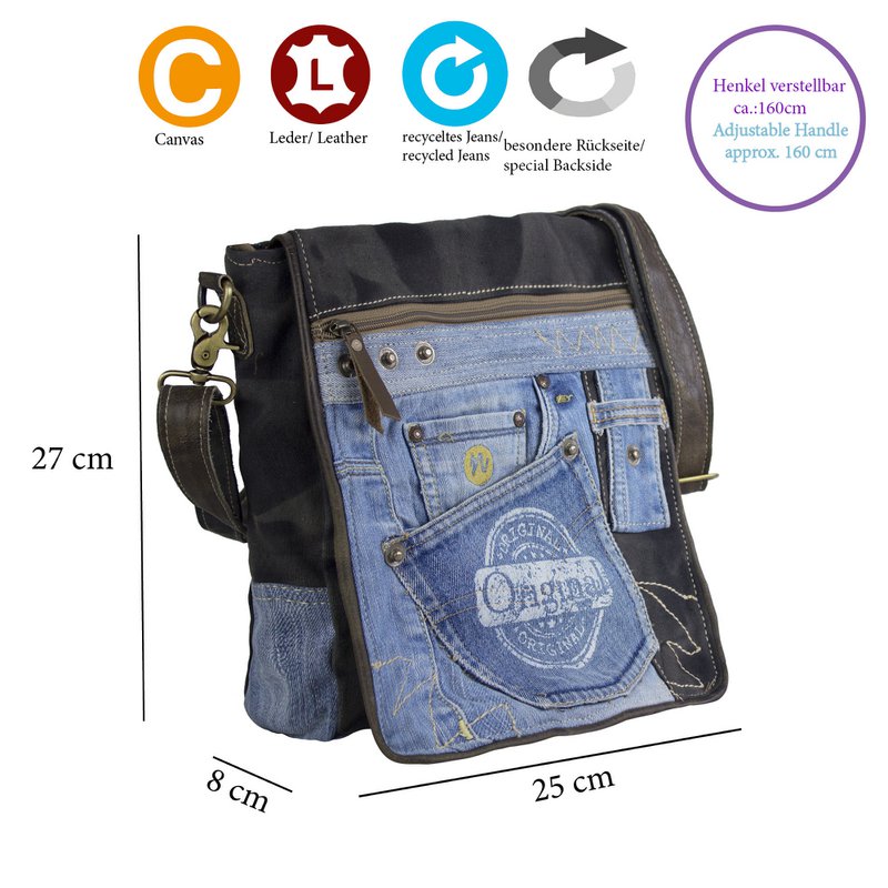 Bolso Bandolera Sostenible Mujer Sunsa. Cartera hecha de jeans reciclados y lona (canvas). Bolso bandolera con forma de mensajero. Bolso bandolera de estilo vintage. Bolso bandolera grande para mujer.