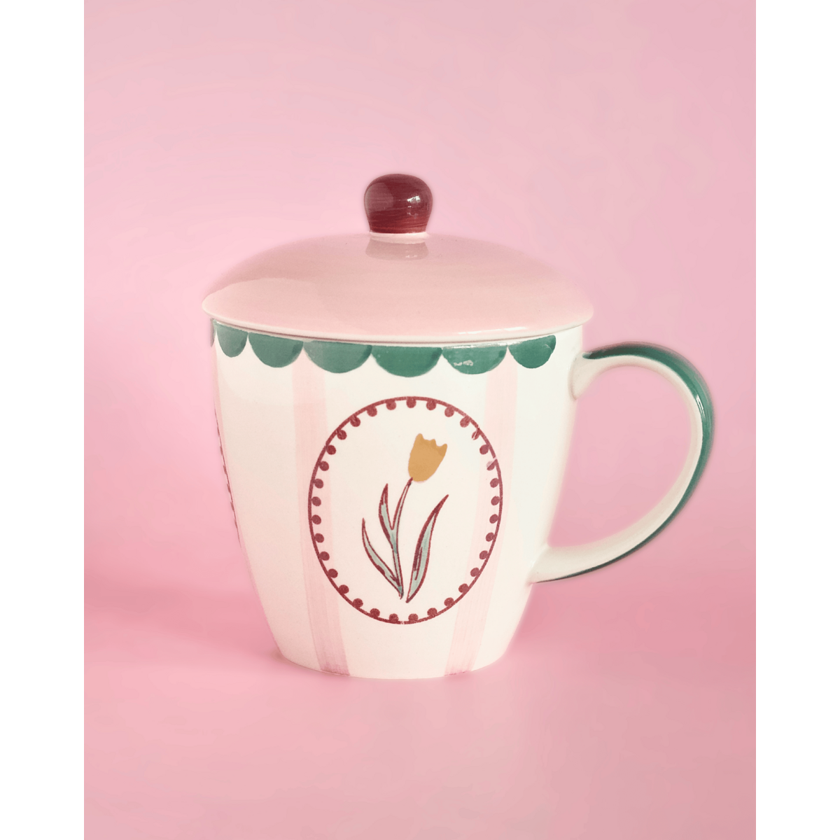 Handpainted Ceramic Coffee Mug With Lid - Floral Design, 385ml