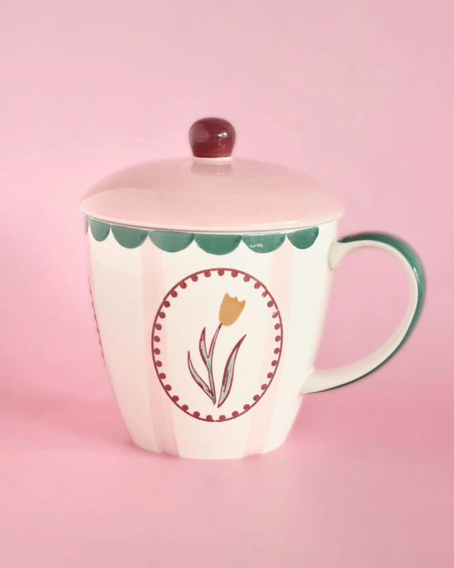 Handpainted Ceramic Coffee Mug With Lid - Floral Design, 385ml