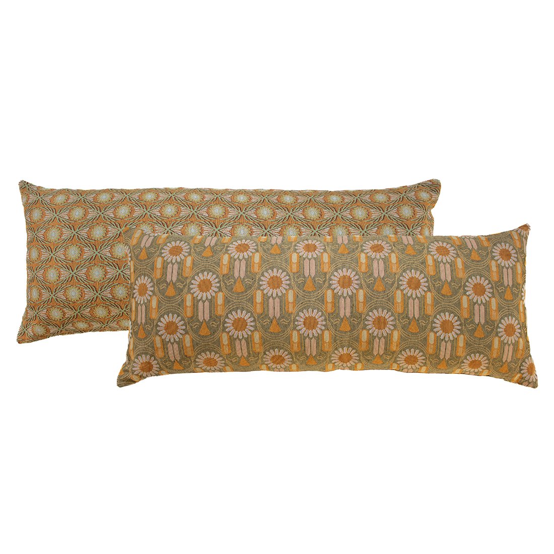 NIN-NIT | Fleurs Classiques XL | woven 100% cotton | decorative cushion with floral print | green | orange | pink | beige | yellow | multicolor | 90x35 cm