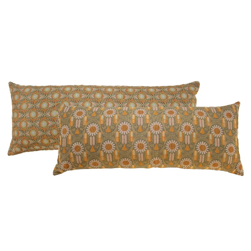 NIN-NIT | Fleurs Classiques XL | tissé 100% coton | coussin décoratif à imprimé floral | vert | orange | rose | beige | jaune | multicolore | 90x35cm