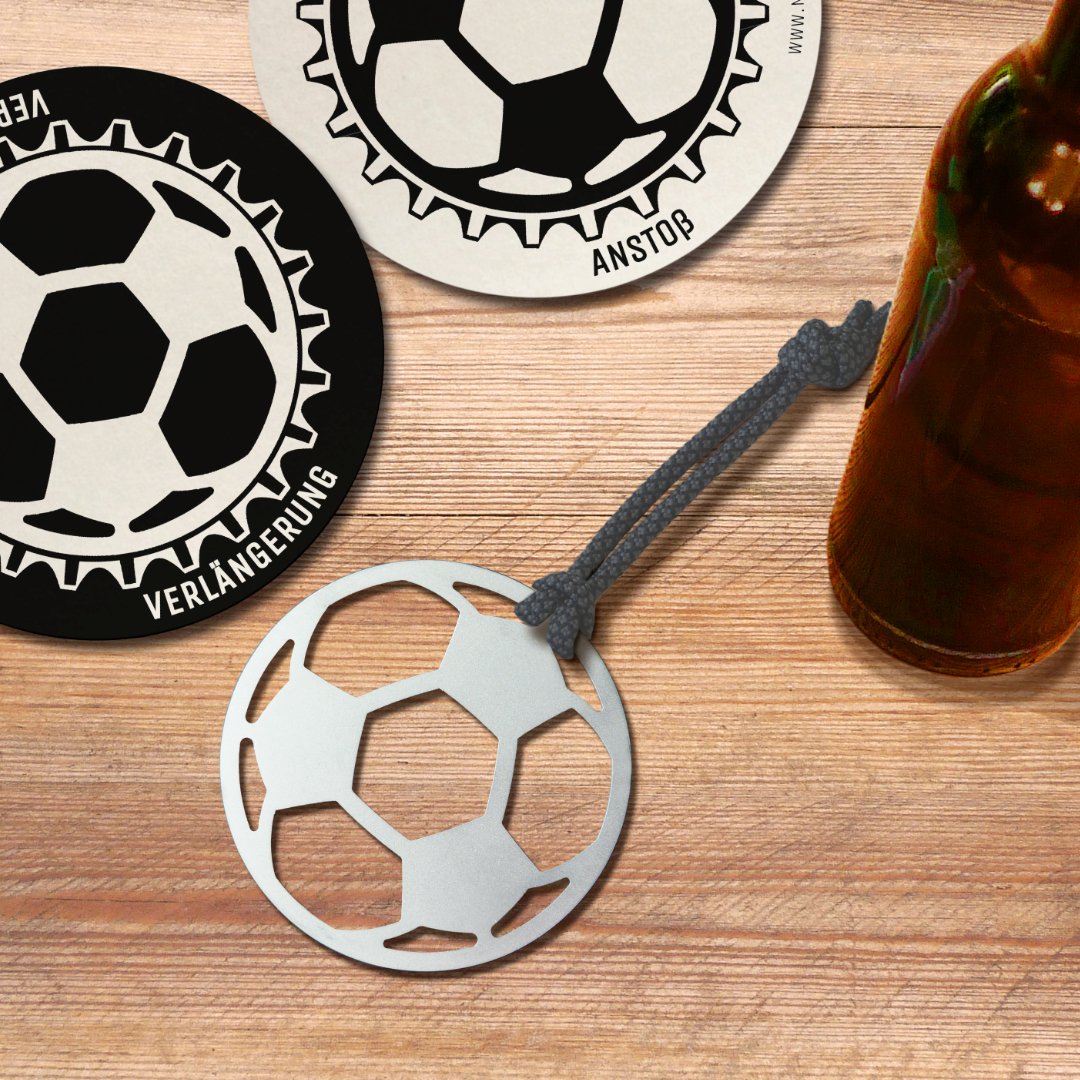 Bottle opener made of stainless steel · motif soccer · with cotton cord + 2 beer mats