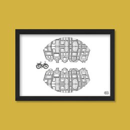 Framed print featuring a whimsical illustration of Dutch houses. The image showcases a unique architectural style with intricate details and patterns, making it a visually captivating piece for home decor.