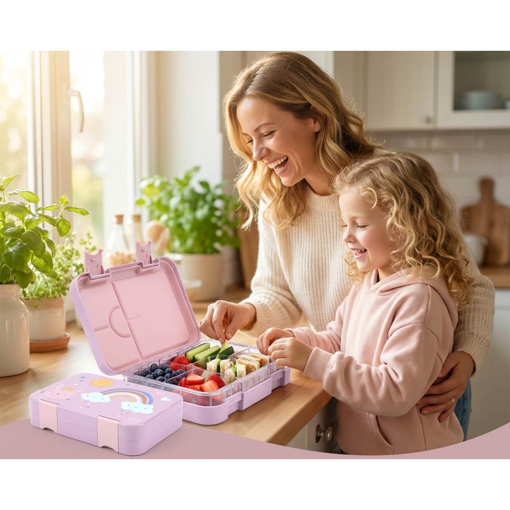 Brotdose Kinder auslaufsicher mit Fächern – Bento Lunchbox Kindergarten BPA frei – Regenbogen - JENARD
