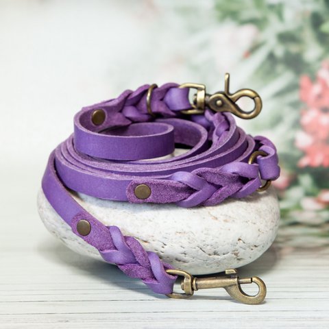 Leather leash for dogs | Purple | Dog leash | Length 225 cm | 3-way adjustable | Handcrafted
