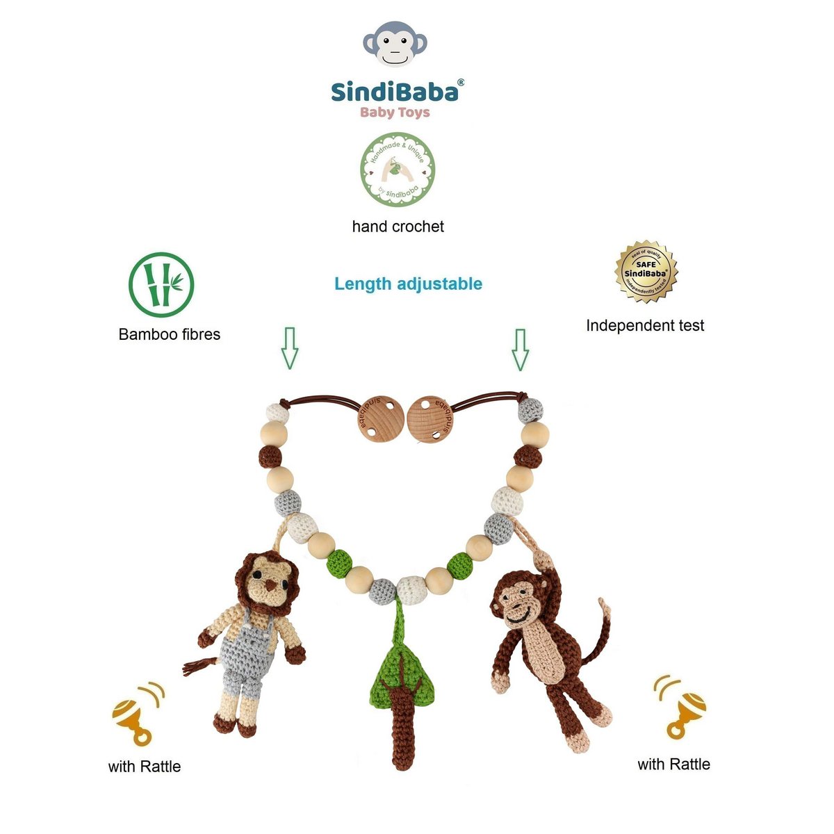 Gehaakte kinderwagenketting Safari 2: Aap & Leeuw