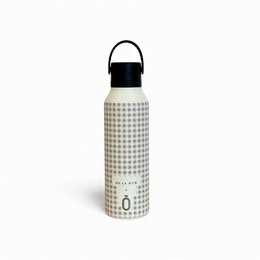  A white and black checkered thermos bottle with a black cap and handle. The bottle appears to be made of stainless steel and has a sleek, modern design.