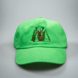 Green baseball cap with embroidered deer design, suitable for casual wear.