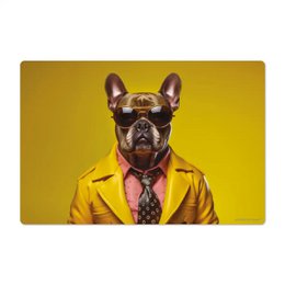  Rectangular desk mat in a yellow color with a French bulldog wearing a yellow suit and tie.
