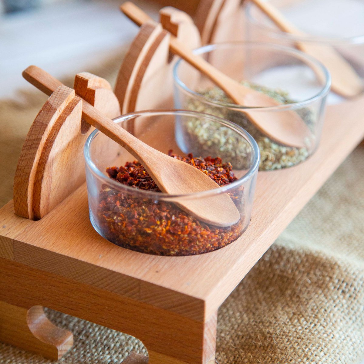 Joy Kitchen spice bowls on wooden stand - set of 3