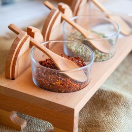 Joy Kitchen spice bowls on wooden stand - set of 3