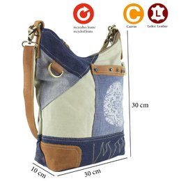 Sunsa Damen Nachhaltige Umhängetasche. Schultertasche aus recycelte Jeans & Canvas ( Segeltuch). Handtasche Vintage retro Stil. Crossbody Tasche für Frauen mit Mandala Aufdruck