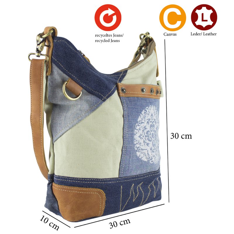 Sunsa Damen Nachhaltige Umhängetasche. Schultertasche aus recycelte Jeans & Canvas ( Segeltuch). Handtasche Vintage retro Stil. Crossbody Tasche für Frauen mit Mandala Aufdruck