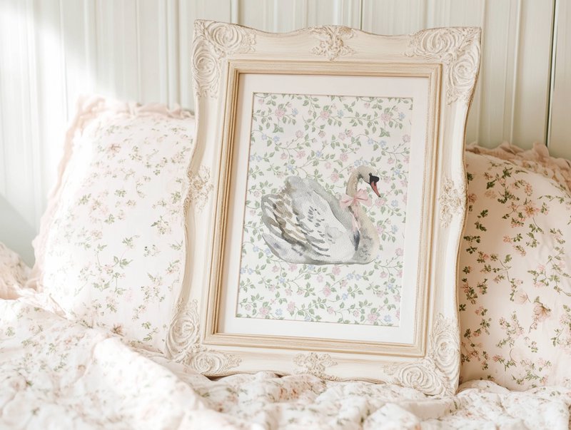 Swan mit rosa Bogenplakat, Vintage -Schwanplakat, rosa Bogenabdruck, Girls Bogenplakat, rosa Mädchenzimmerplakat, Mädchen -Kindergarten -Poster