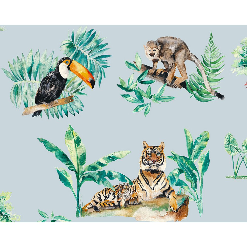 Papel Pintado Infantil Animales de la Selva - Color Azul